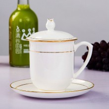 景德鎮骨瓷杯陶瓷茶具酒店會議杯定制家用帶蓋水杯描金邊茶杯