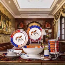 愛馬HERME白馬圖高檔骨瓷餐具28頭套裝禮盒碗盤碟瓷器歐式奢華