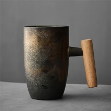 創意復古馬克杯日式情侶杯子簡約咖啡杯個性木柄水杯出口陶瓷杯