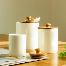 中式帶木蓋陶瓷茶葉罐小號白瓷迷你密封儲存罐圓形收納儲物罐